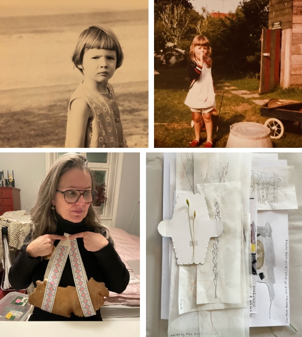 Four pictures from the creative process, childhood memories and old photos, and Mette standing wearing one of the final pieces.